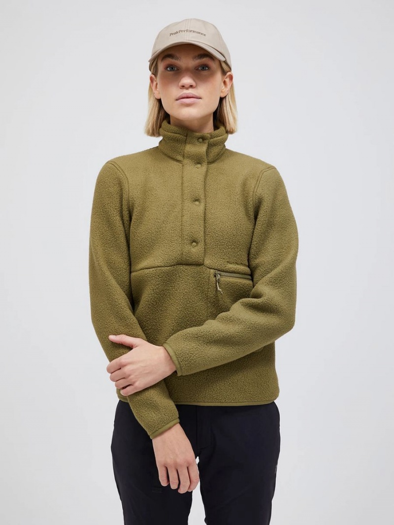 Peak Performance Fleece Snap T-Neck Women's Sweater Olive | EJX29-396