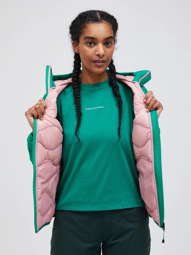 Peak Performance Helium Hood Women's Down Jacket Green / Pink | XCN71-300