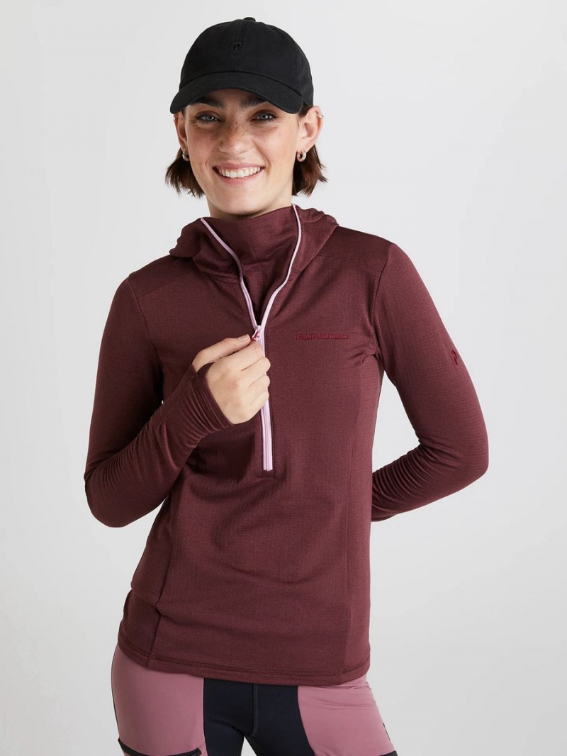 Peak Performance Light Hooded Fleece Half Zip Women's Sweatshirt Burgundy | PKX89-964