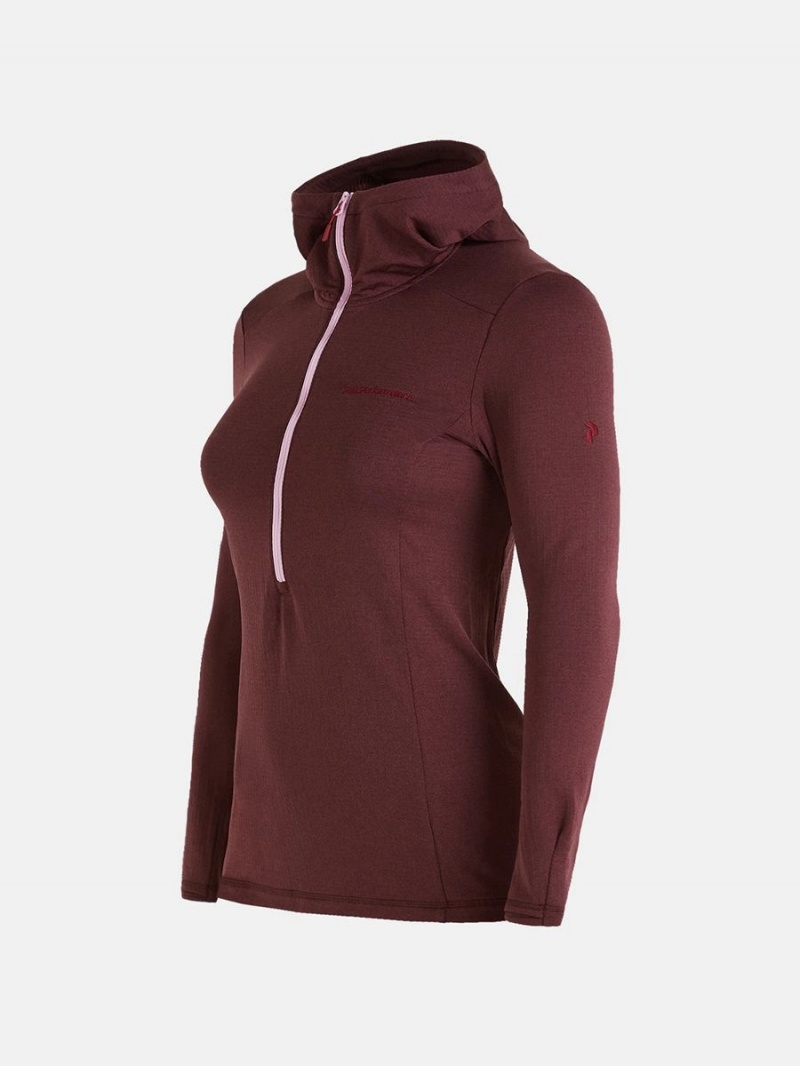 Peak Performance Light Hooded Fleece Half Zip Women's Sweatshirt Burgundy | PKX89-964